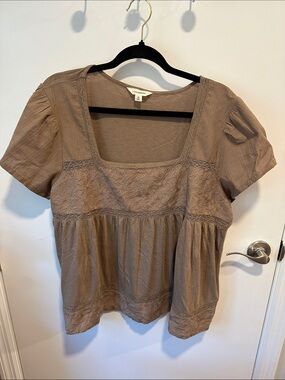 Lucky Brand Taupe Embroidered Square-Neck Peasant Blouse Brand New
